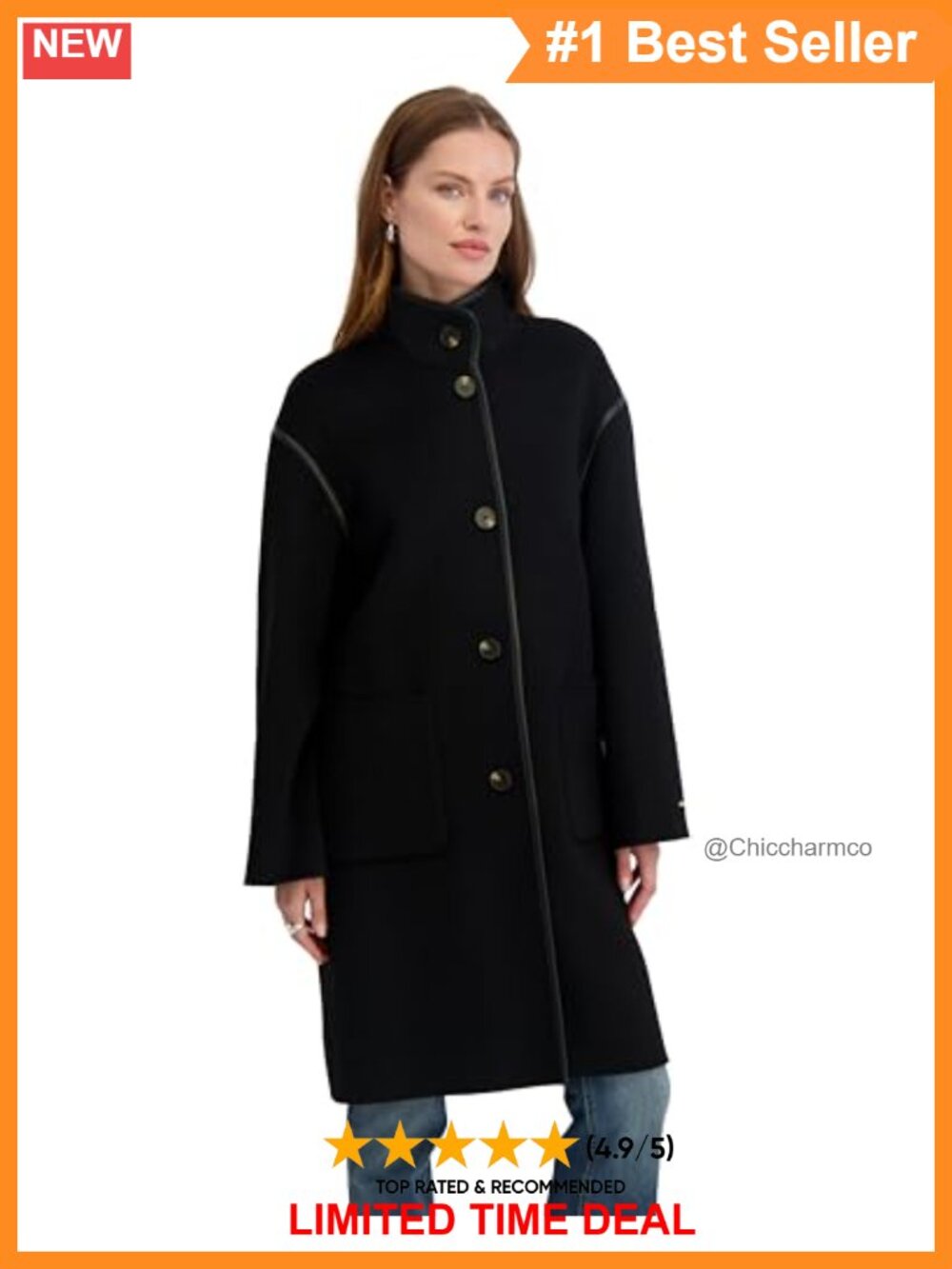 TAHARI Wool Blend Topper Coat PU Trim Button Front Mid-Length